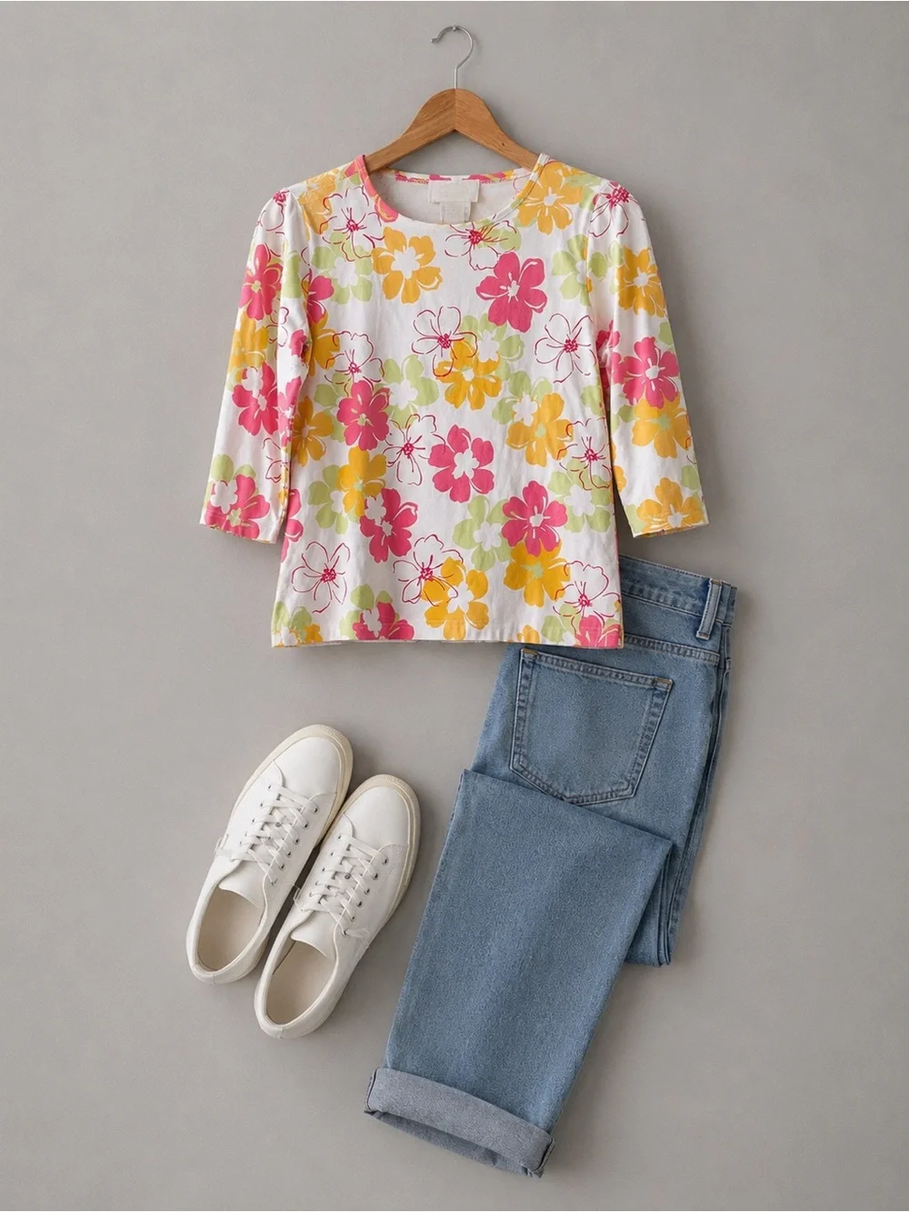 Talbots White Scoop-Neck Floral Cotton Top in Pink & Yellow - Picture 2 of 9